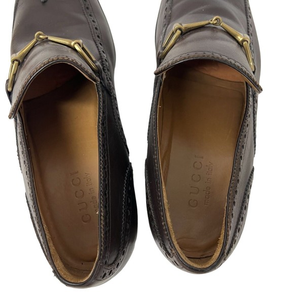 Gucci Men Shoes Brown Leather Sz 8.5 Loafer Slip On Horsebit Wingtip Italy - Picture 6 of 12